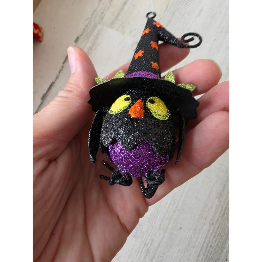 Vintage Pier 1 glitter owl witch RARE ornament metal wizard Halloween tree decor